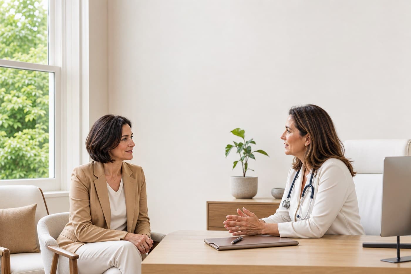 A woman in her late forties in conversation with a doctor across a desk in a bright room.