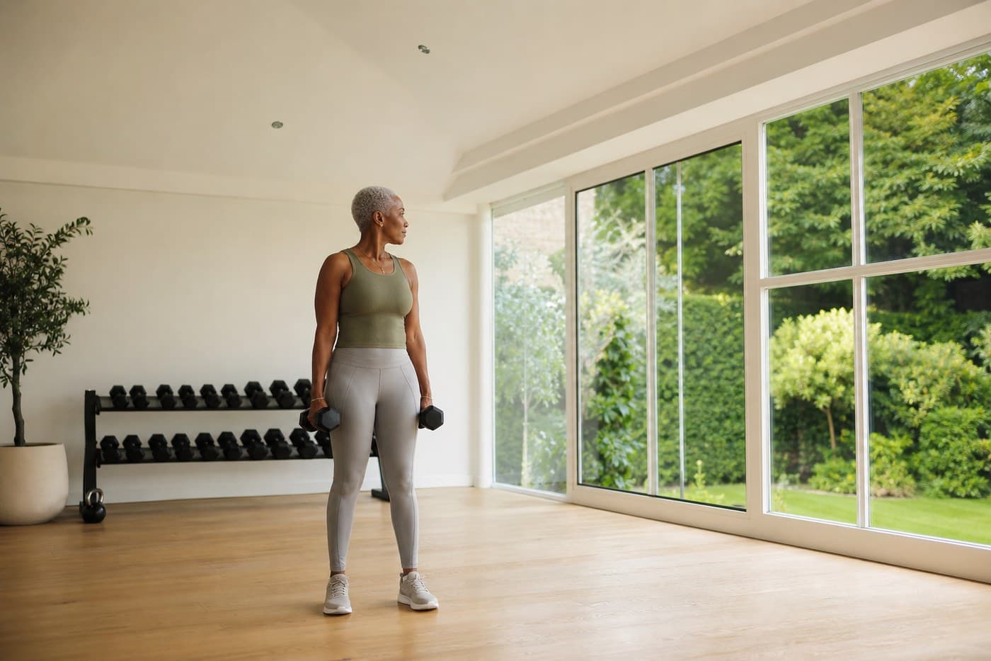 A woman in her fifties lifting a dumbbell in a plain home room in daylight.